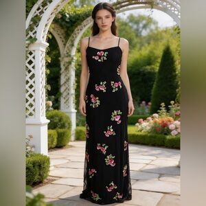 Floral hand‎ beaded Attitudes by Debra low back Black Dress